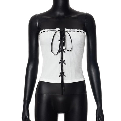 Bowknot ribbon ribbed lace hem backless tube top