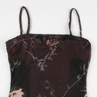 Flower print lace hem mesh cami mini dress