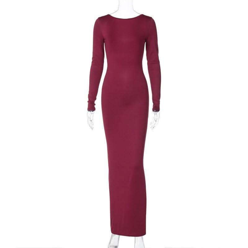 Backless ruched solid long sleeve maxi dress-final-sale