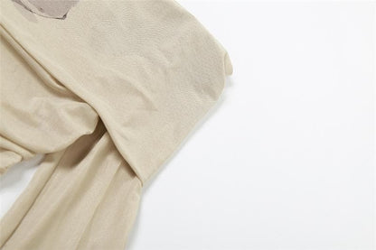 Butterfly pattern contrast off shoulder long sleeve crop top