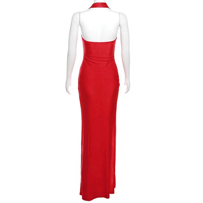 Ruched high slit cowl neck backless maxi dress
