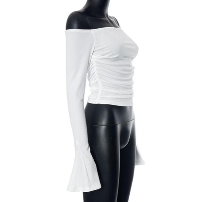Ribbed long flared sleeve solid ruched off shoulder top