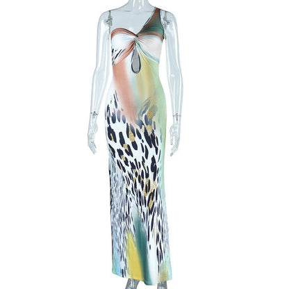One shoulder leopard print ruched hollow out cut out midi dress