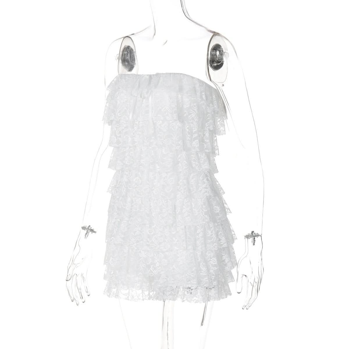 Bowknot lace backless ruffle tube mini dress-final-sale