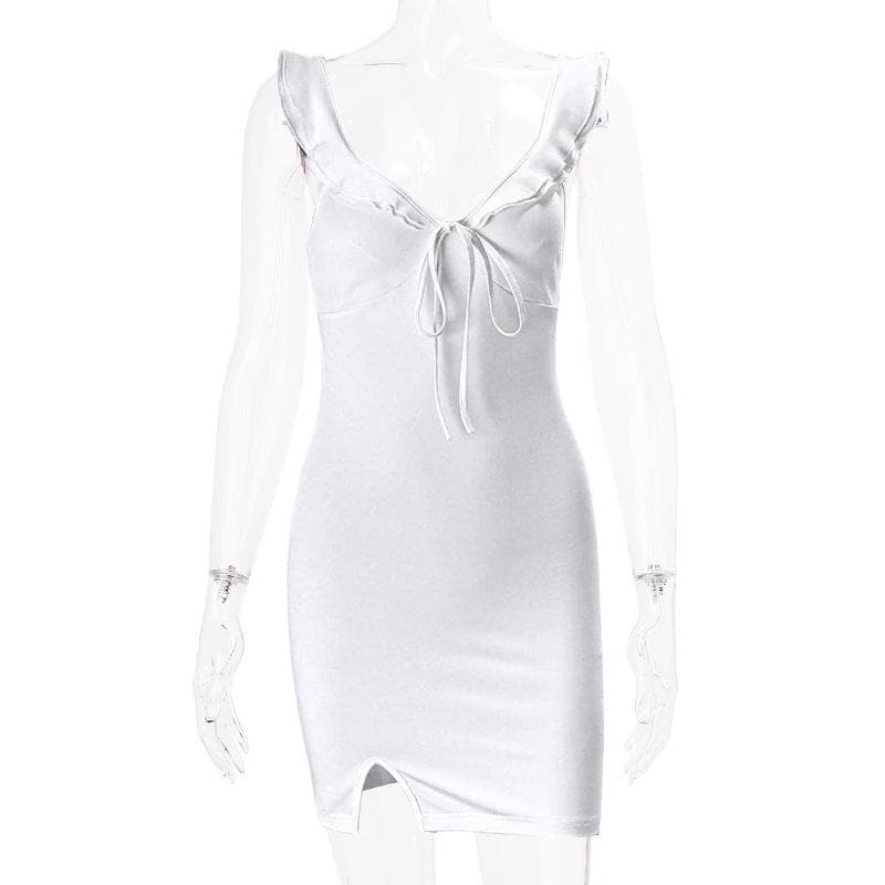 V neck slit knotted backless cami mini dress