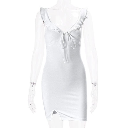 V neck slit knotted backless cami mini dress