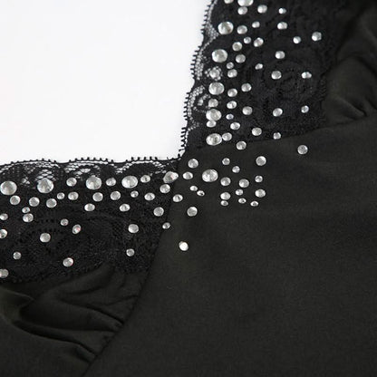 Beaded v neck lace hem backless cami top