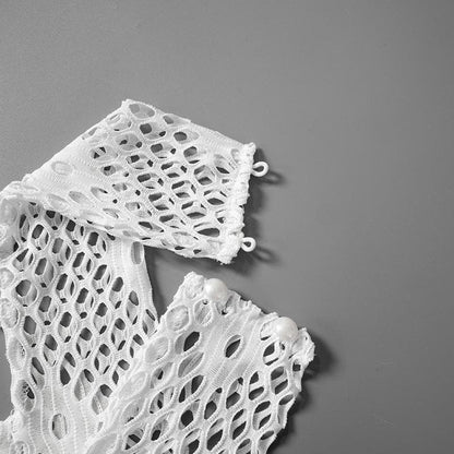 Halter knitted fishnet see through irregular mini dress