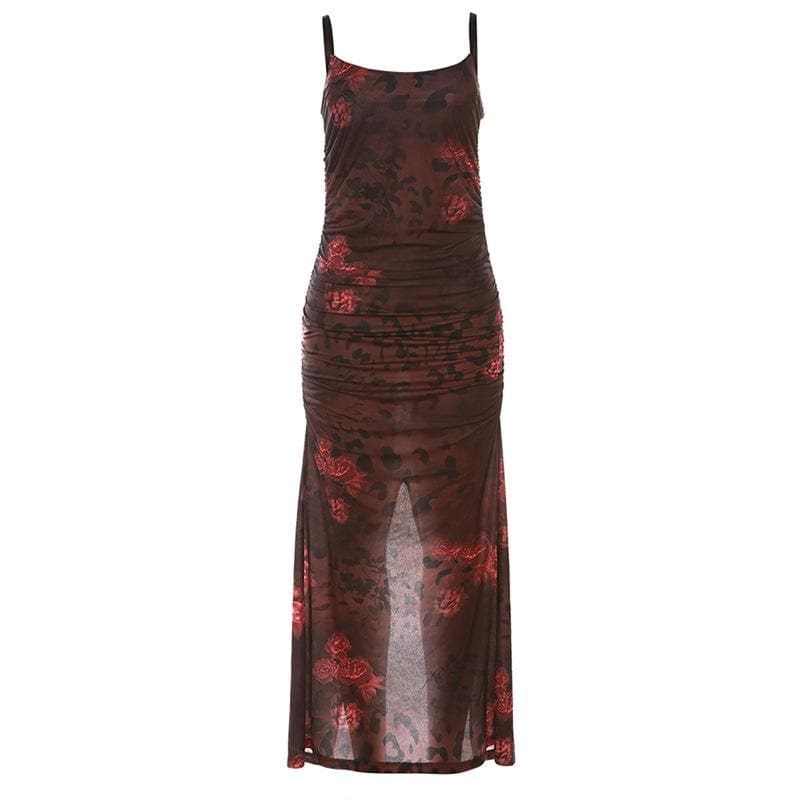 Mesh Overlay Ruched Side Slit Maxi Dress
