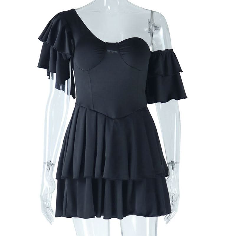 Off shoulder padded solid ruffle mini dress