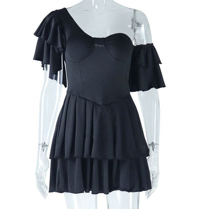 Off shoulder padded solid ruffle mini dress