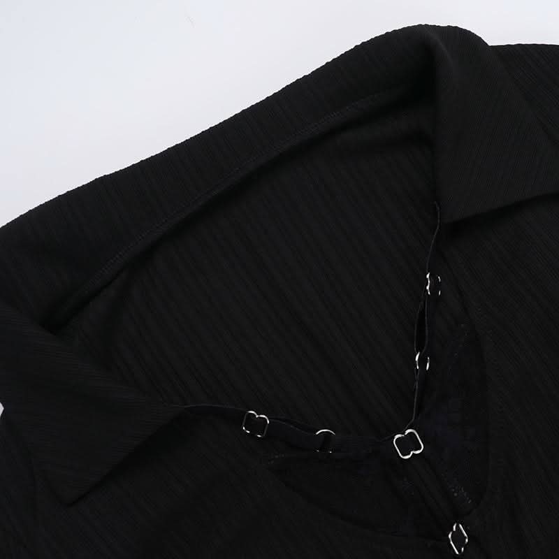 Turnover collar long sleeve fluffy button knitted top