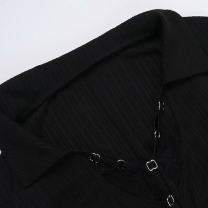 Turnover collar long sleeve fluffy button knitted top