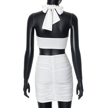 Halter hollow out sweetheart ring mini skirt set