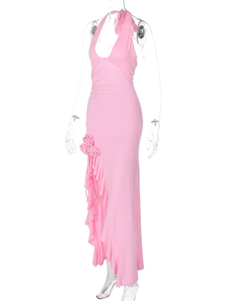 Halter flower applique ruffle ruched slit knotted maxi dress