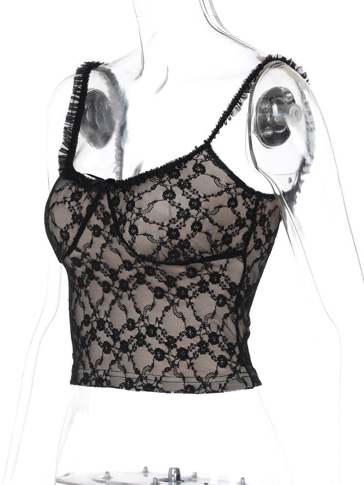 Bowknot sweetheart neck lace ruffle cami top