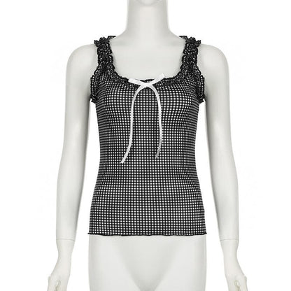 U neck plaid bowknot ruffle contrast ribbon tank top