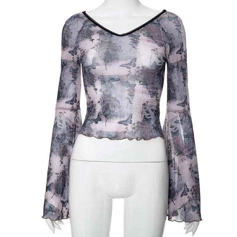 Long flared sleeve butterfly print sheer mesh top
