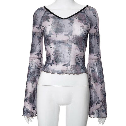 Long flared sleeve butterfly print sheer mesh top