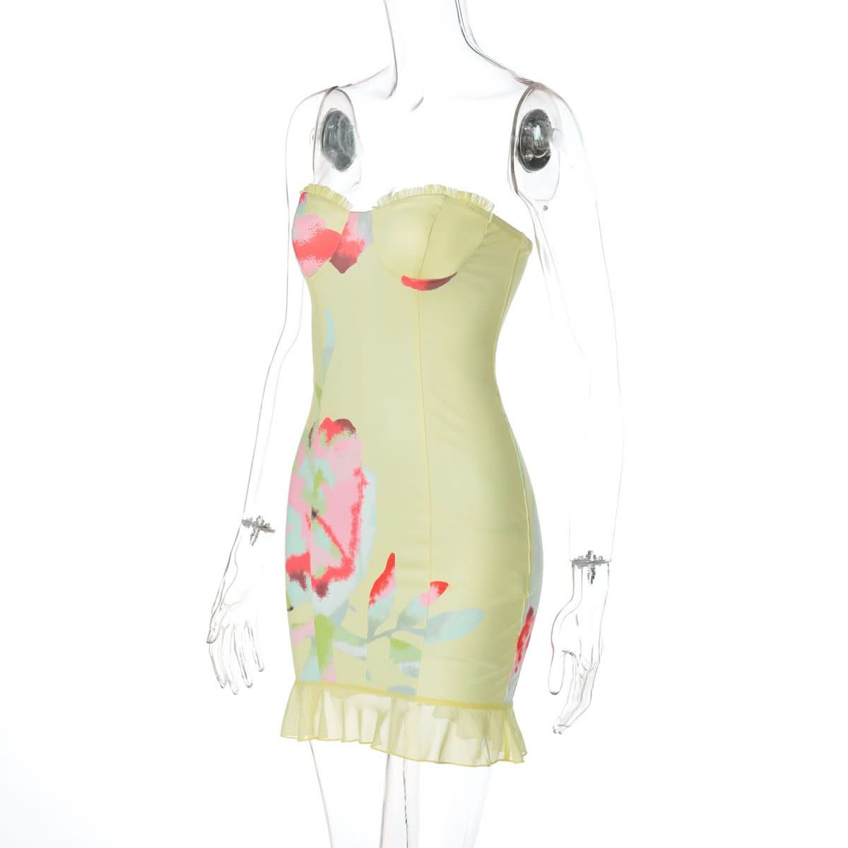 Flower print ruffle tube mini dress