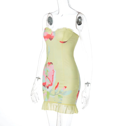 Flower print ruffle tube mini dress