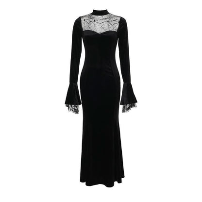 Long flared sleeve velvet patchwork spider web maxi dress