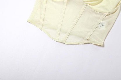 Halter self tie mesh backless ruched corset solid crop top
