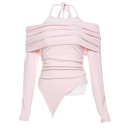 Ruched lace off shoulder halter long sleeve irregular top-final-sale