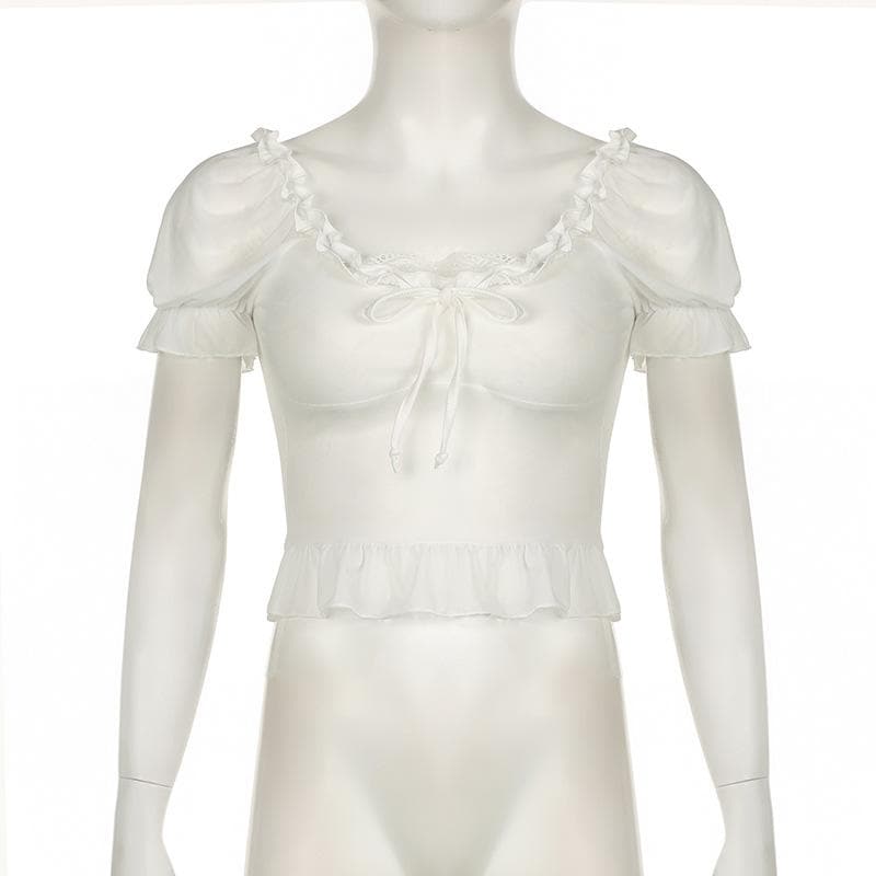 Short puff sleeve ruffle ruched knotted crop top
