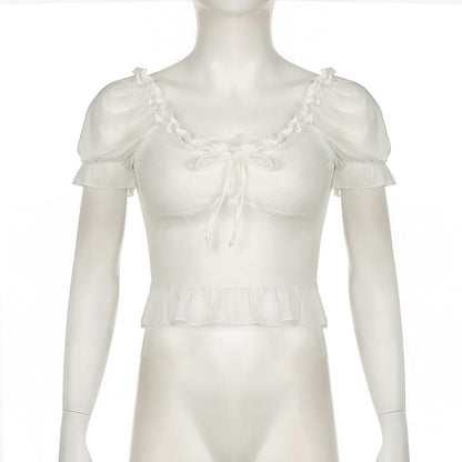 Short puff sleeve ruffle ruched knotted crop top