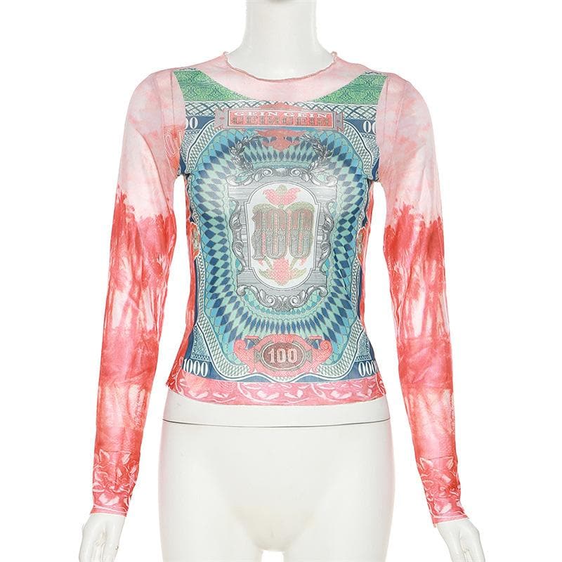 Long sleeve crewneck contrast abstract mesh top