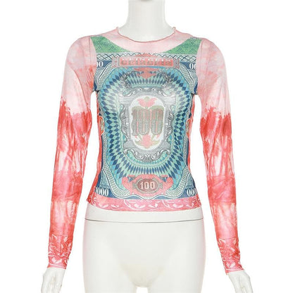 Long sleeve crewneck contrast abstract mesh top