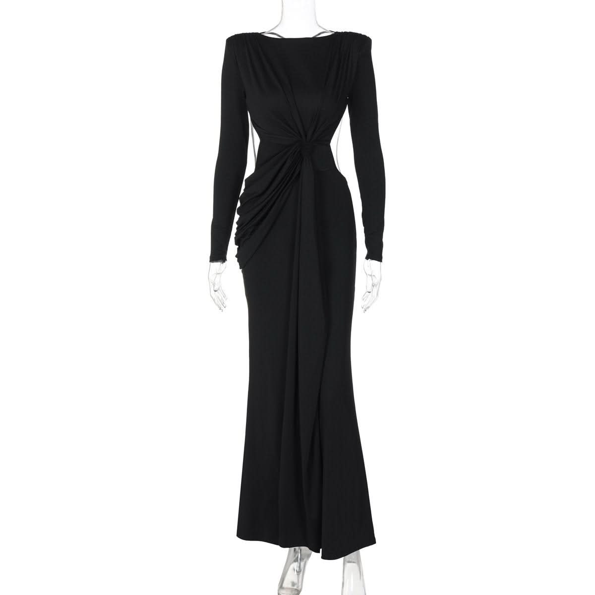 Long sleeve padded backless ruched maxi dress