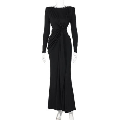 Long sleeve padded backless ruched maxi dress