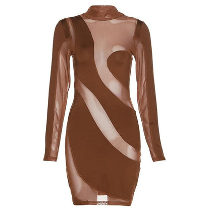 Mesh Panel Abstract Wave Print Mock Neck Long Sleeve Bodycon Mini Dress