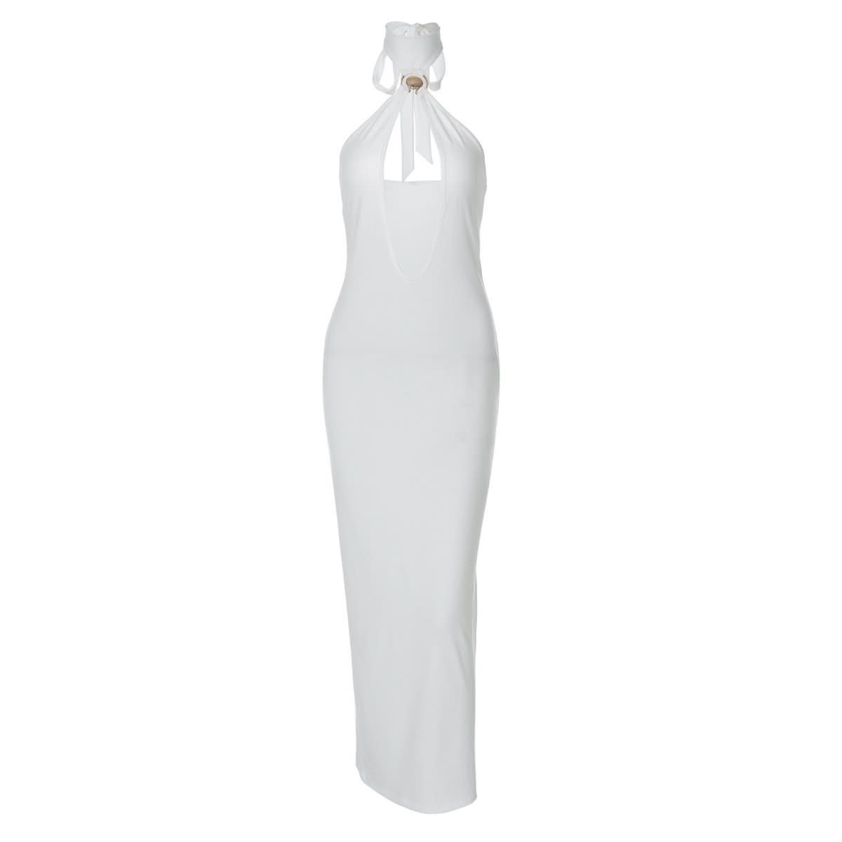 Self tie halter hollow out backless cut out midi dress