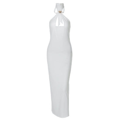Self tie halter hollow out backless cut out midi dress