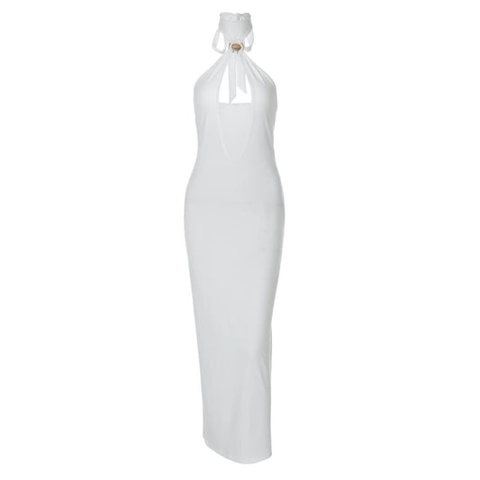 Self tie halter hollow out backless cut out midi dress