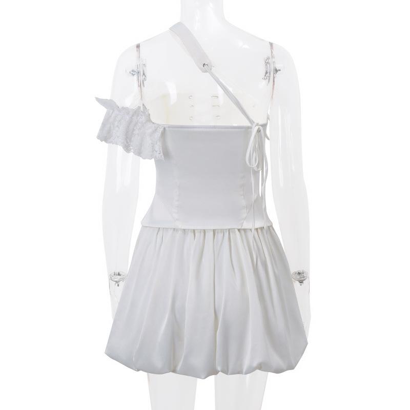 One off shoulder irregular lace up satin ruffle puff skirt set
