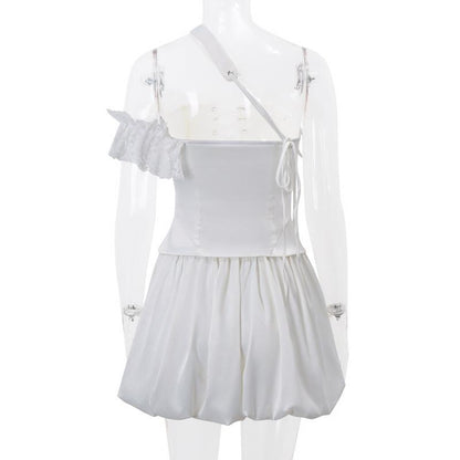 One off shoulder irregular lace up satin ruffle puff skirt set