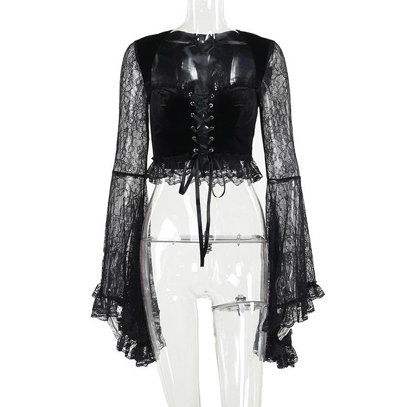 Long flared sleeve velvet lace patchwork ruffle lace up crop top