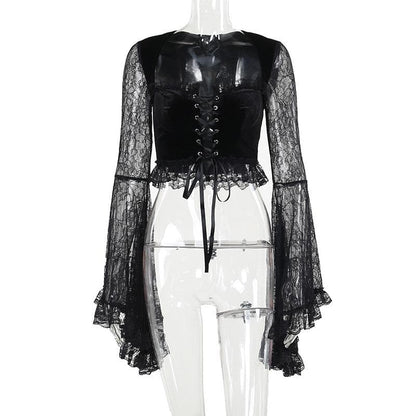 Long flared sleeve velvet lace patchwork ruffle lace up crop top