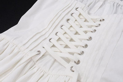 Lace hem lace up ruched backless square neck mini dress