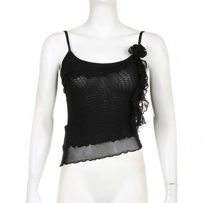 Sheer mesh flower applique ruffle u neck irregular crop top