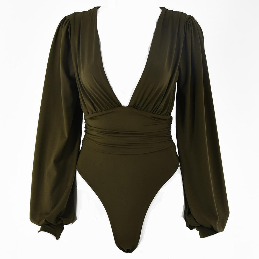 Halibuy Double layered deep v neck ruched solid bodysuit - Final Sale