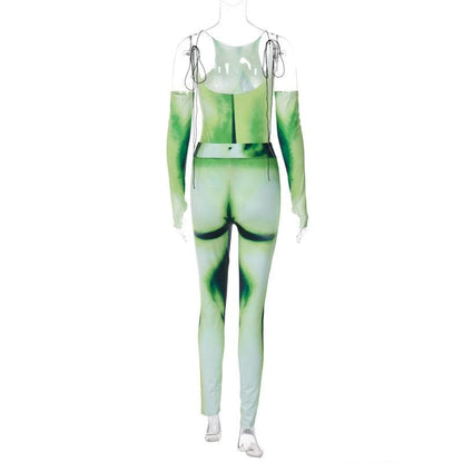 Body pattern contrast gloves self tie backless bodysuit pant set