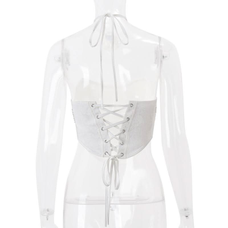 Beaded lace up self tie flower applique tube top