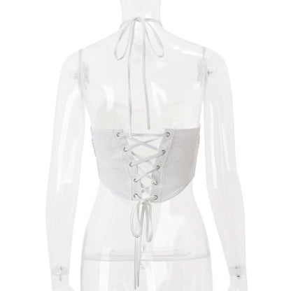 Beaded lace up self tie flower applique tube top