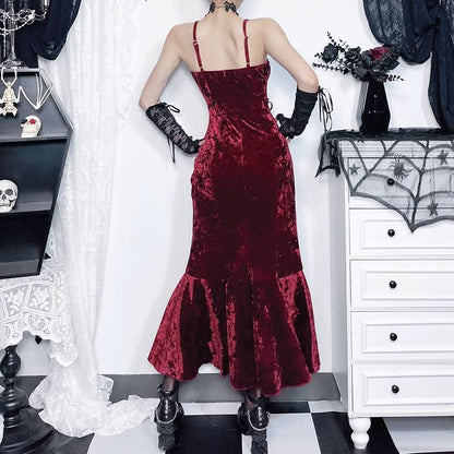 Sweetheart neck velvet flower applique slit cami maxi dress