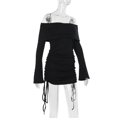 Long flared sleeve off shoulder drawstring mini dress